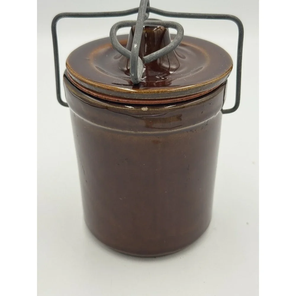 Vintage Brown Stoneware Canister Crock Wire Bail Lid Rustic Kitchen Storage
